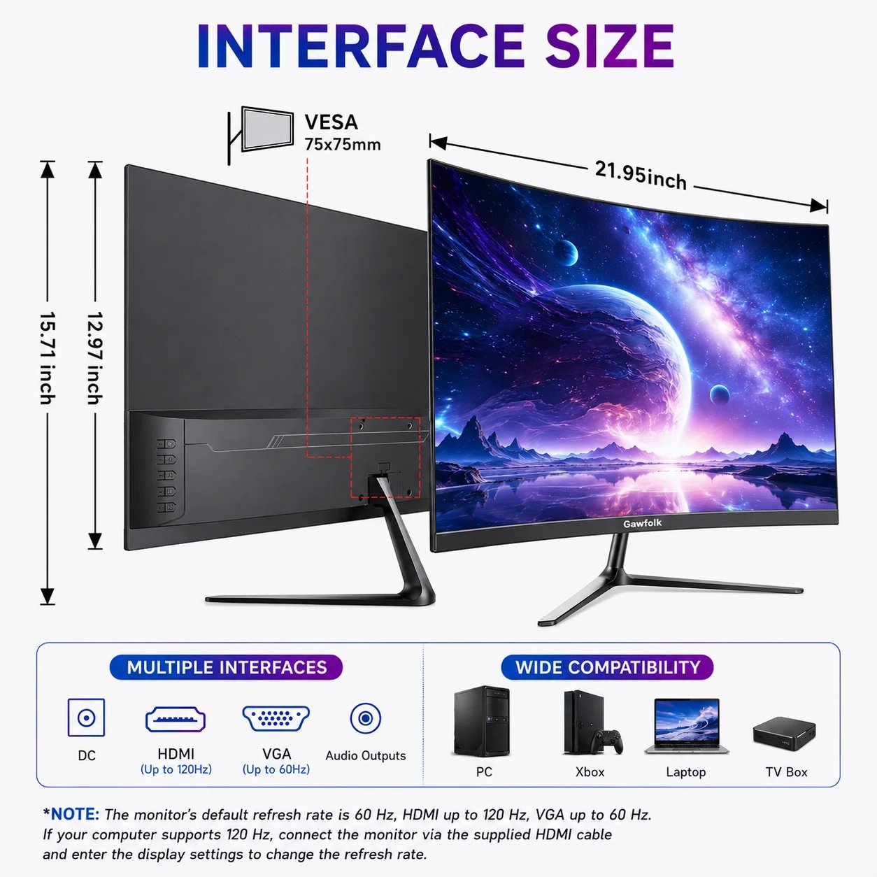 Gawfolk 24.5" Curved Gaming Monitor 120Hz Full HD 1080P Built-In Speakers Tilt A preview